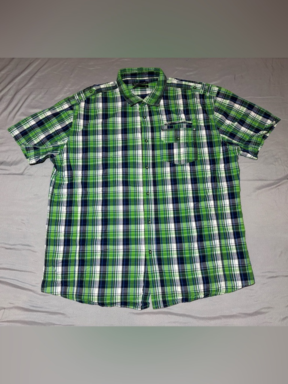 Ecko Unltd Shirt Men’s Size 3XL Green Blue Plaid Short Sleeve Button Down